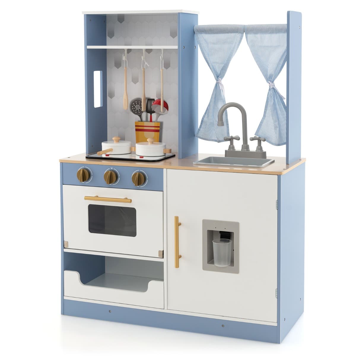 CostwayCuisine Ludique en Bois pour Enfants Rideaux Cuisinière Évier Four Distributeur d'Eau Cuisine Jouet pour Garçons et Filles de 3 Ans et Plus