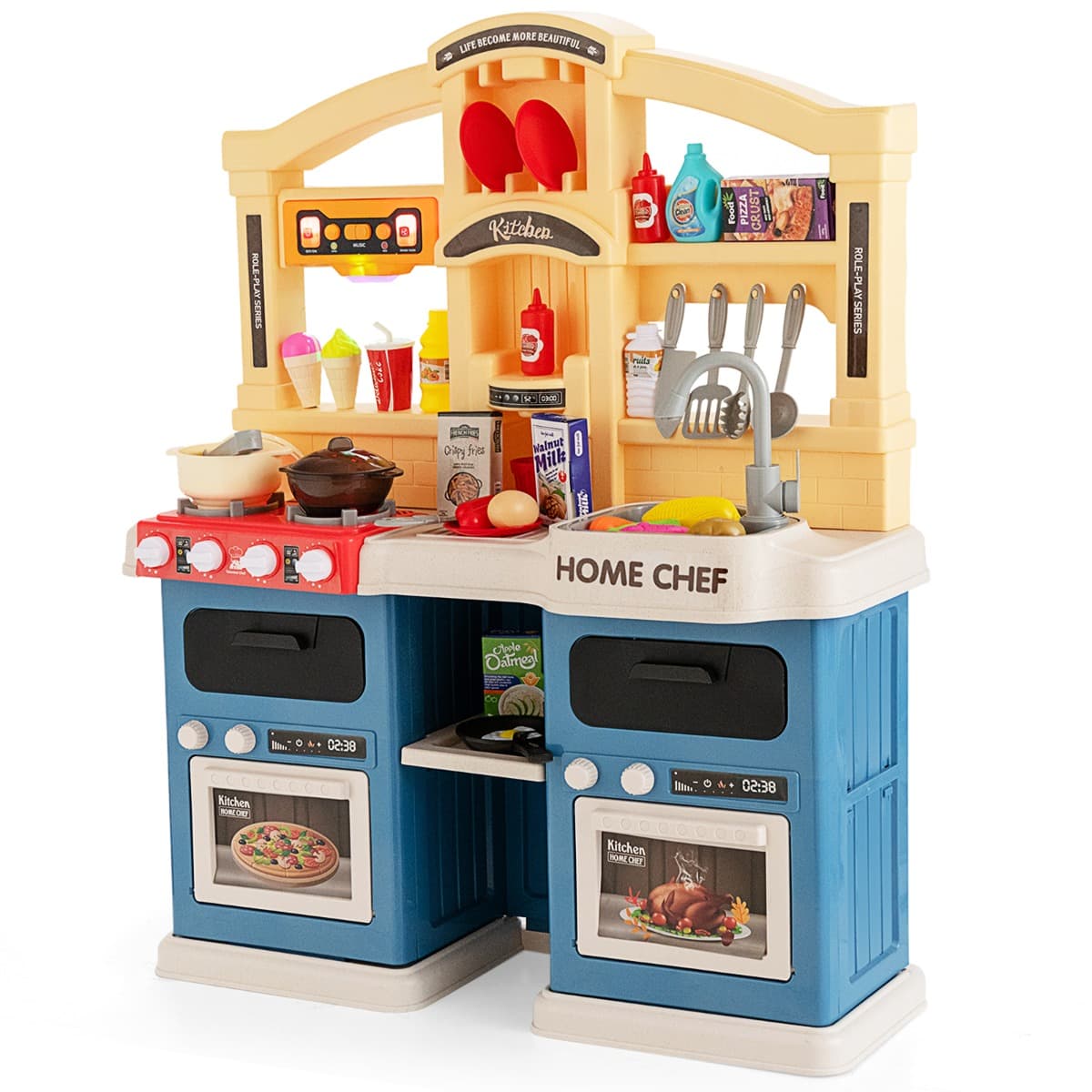 Costway42 Pcs Cuisine Enfants avec Effets de Vapeur & d'Ebullition Jeux de Cuisine avec Lumières et Sons Réalistes pour Enfants de 3 Ans+ Bleu