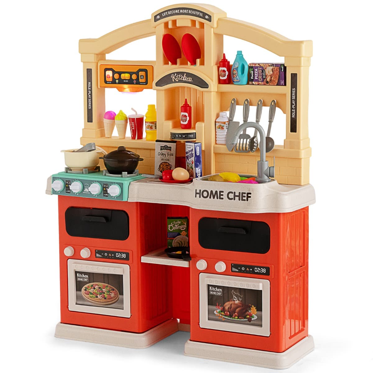 Costway42 Pcs Cuisine Enfants avec Effets de Vapeur & d'Ebullition Jeux de Cuisine avec Lumières et Sons Réalistes pour Enfants de 3 Ans+ Orange